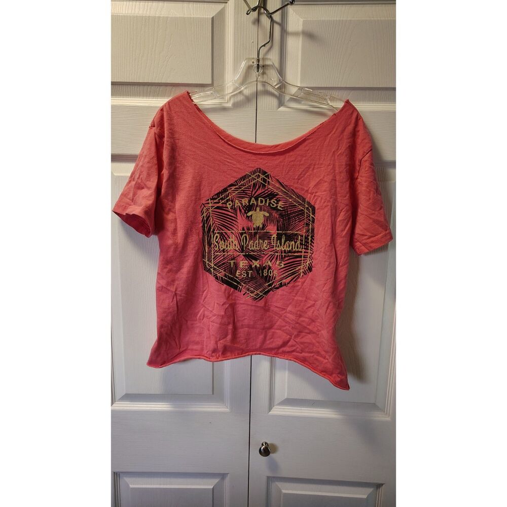 South Padre Island Texas Graphic Tee Large L Coral Pink Raw Hem Boat Neck
